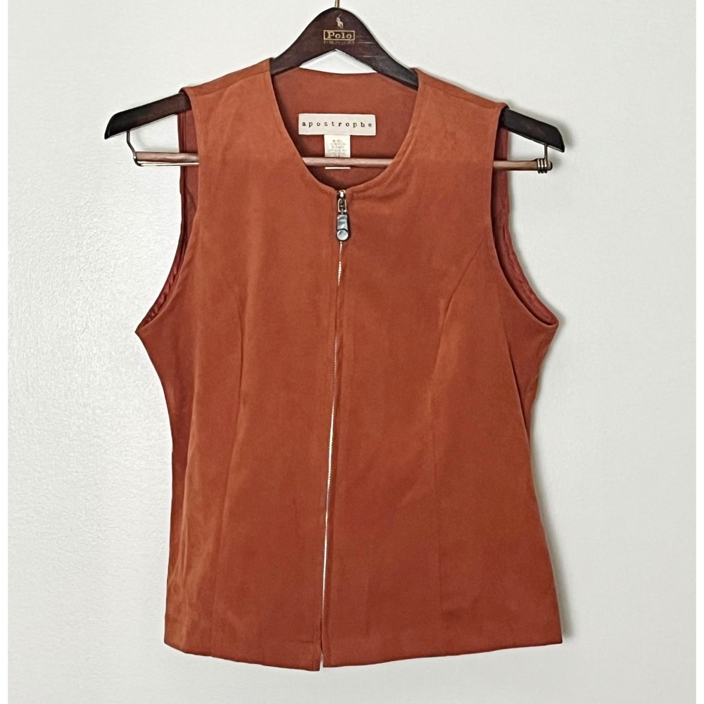 Apostrophe Womens Faux‎ Suede Zip Front Vest Rust Orange Size S Made in USA